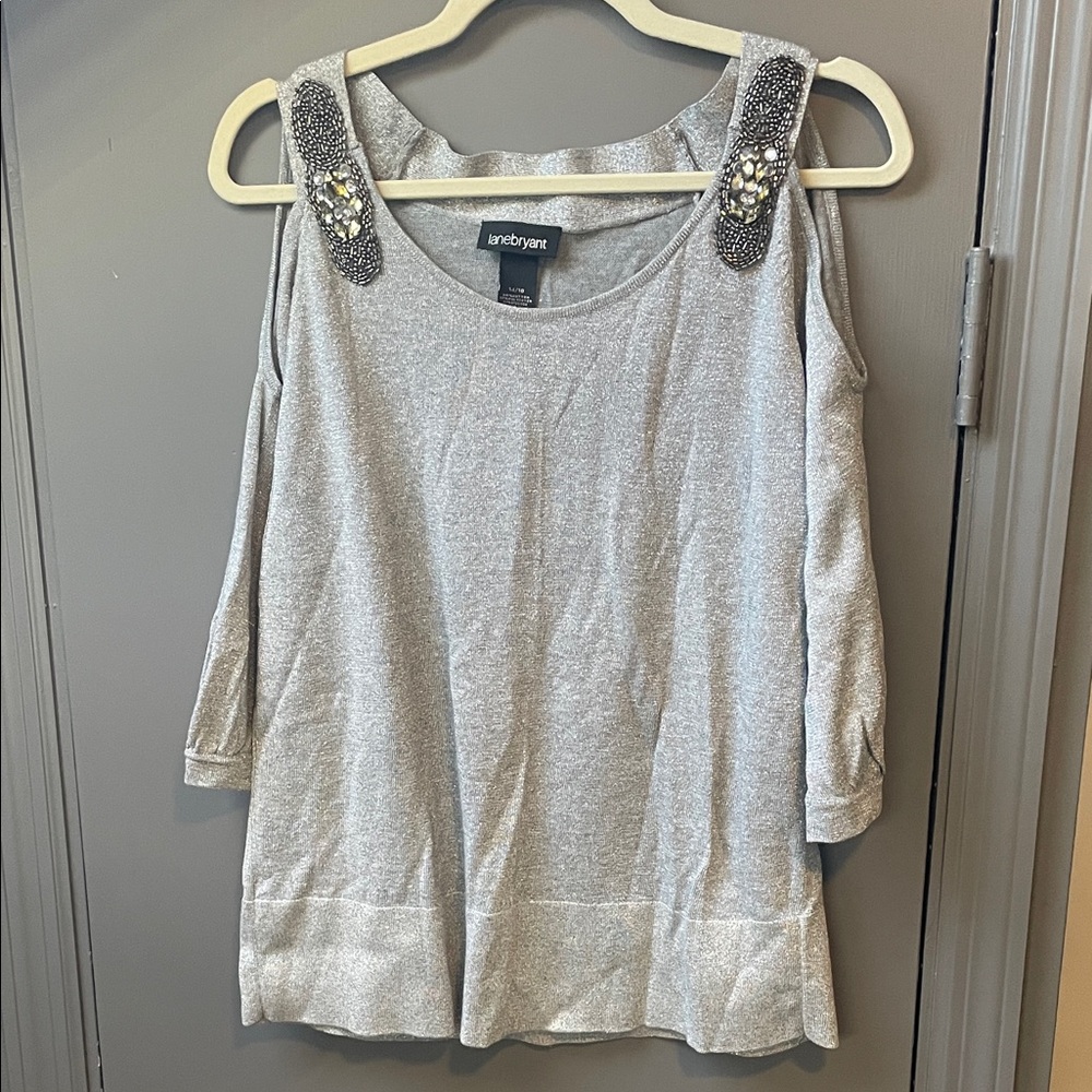 Lane Bryant Silver Cold-Shoulder Top with Embellished Straps